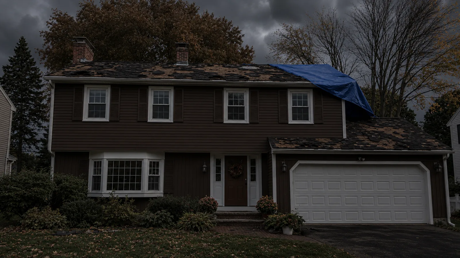 Brown two-story house with missing shingles and a tarp across the right side of the main roof.