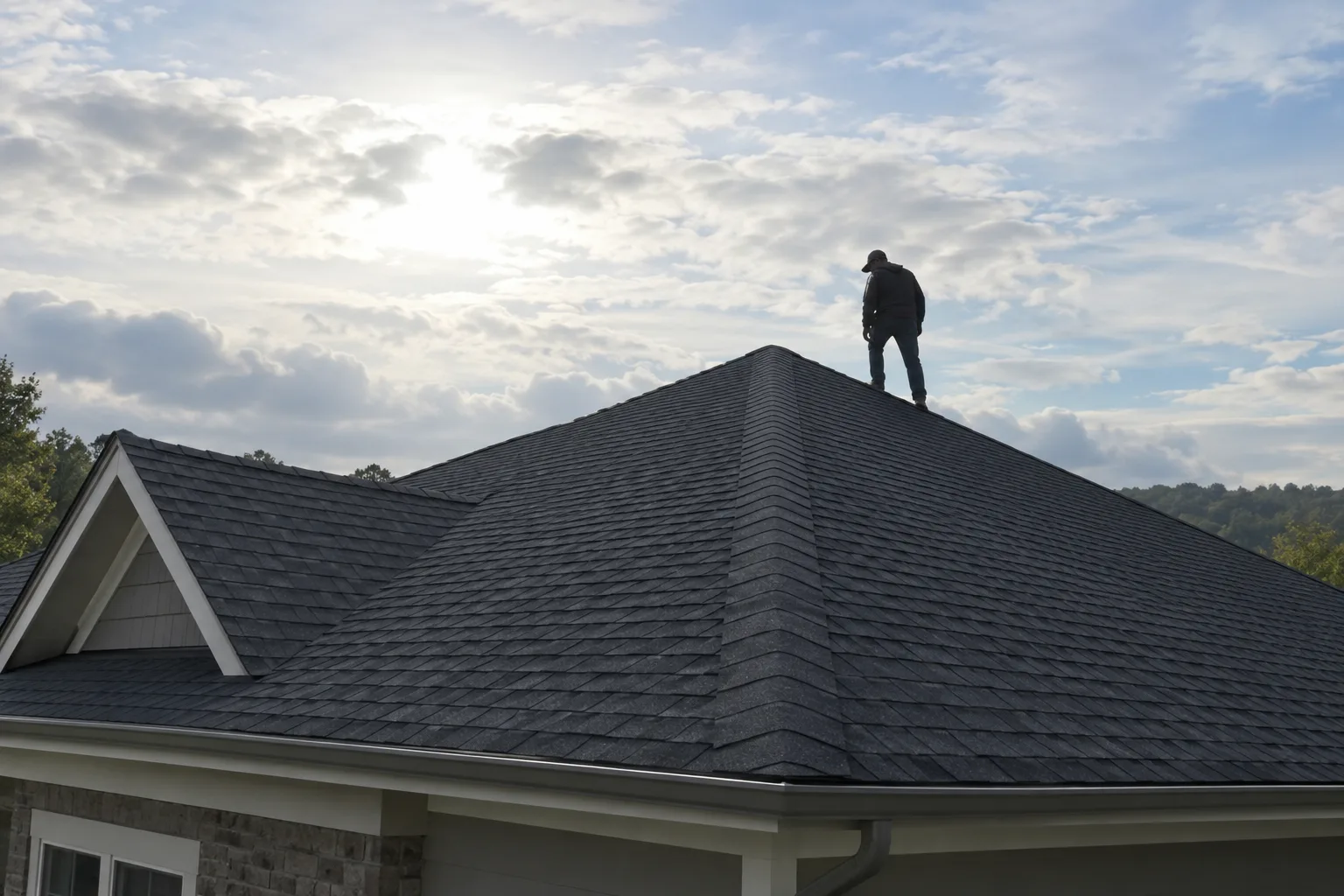 Backlit figure standing near the ridge of a charcoal shingle hip roof