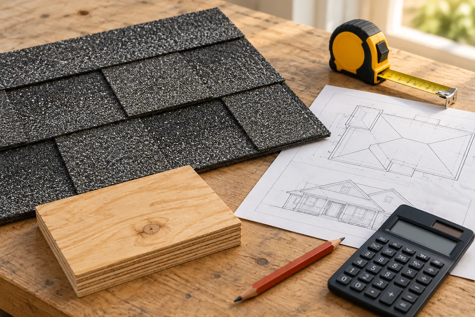 Shingle and plywood samples beside a roof drawing, tape measure and calculator